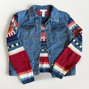 Real Comfort Vintage‎ Denim & Aztec Knit Jacket Women’s Size S 90’s